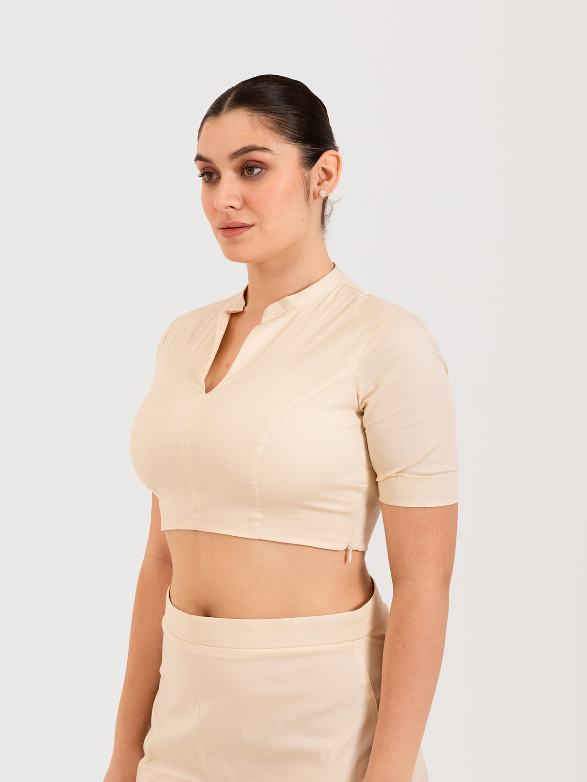 White cotton lycra collar neck half sleeves blouse