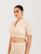 White cotton lycra collar neck half sleeves blouse
