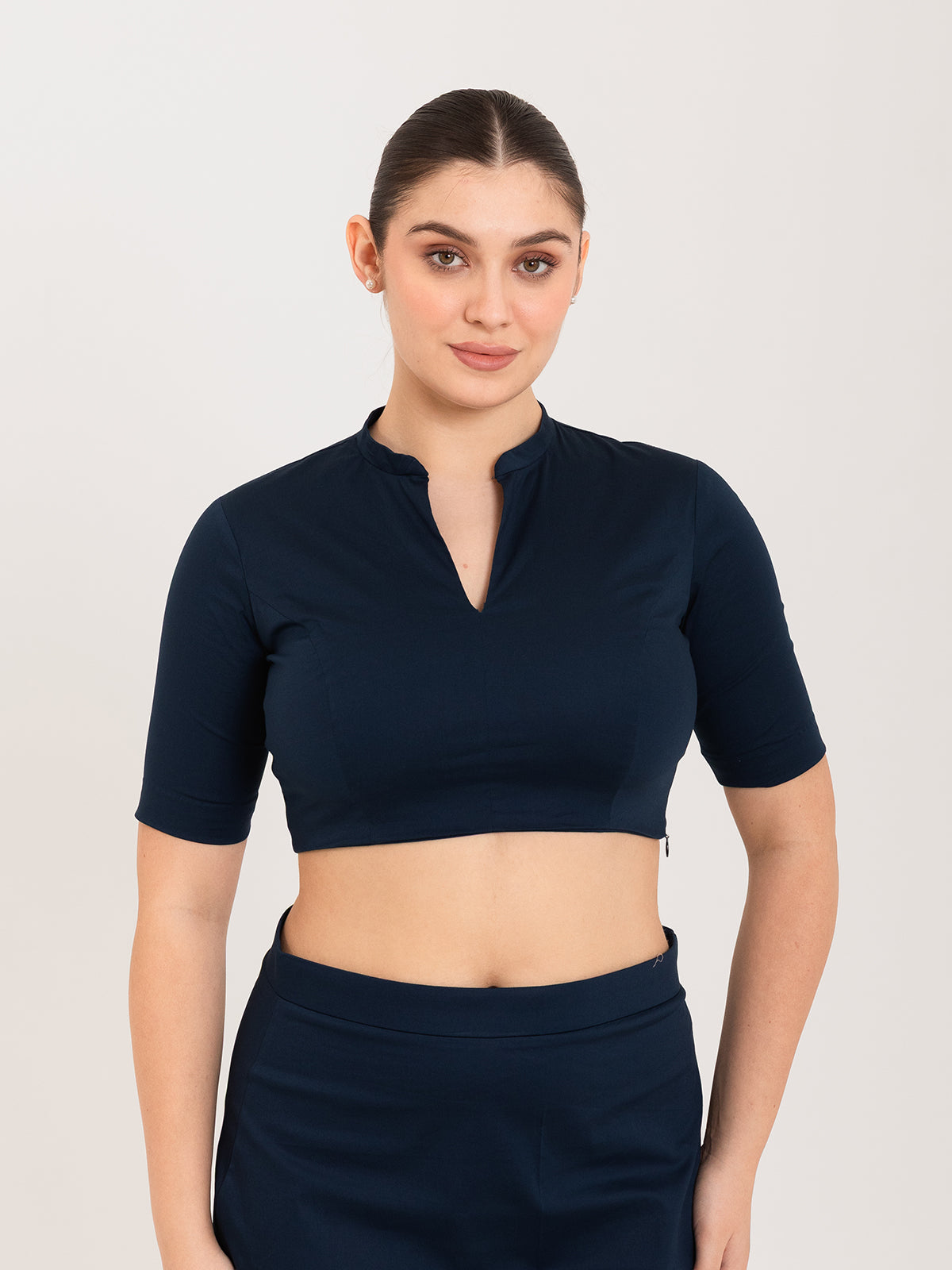 Blue cotton lycra collar neck half sleeves blouse