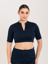 Blue cotton lycra collar neck half sleeves blouse
