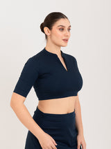Blue cotton lycra collar neck sleeveless blouse