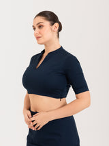 Blue cotton lycra collar neck half sleeves blouse