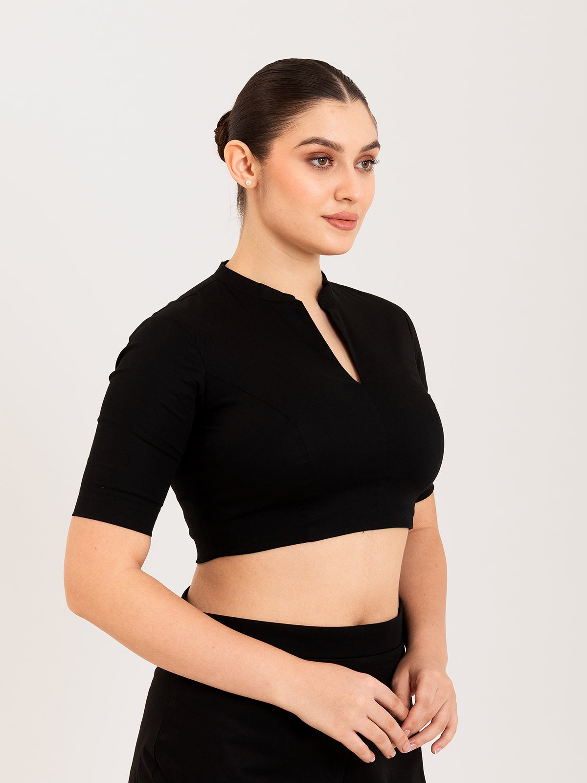 Black cotton lycra collar neck half sleeves blouse