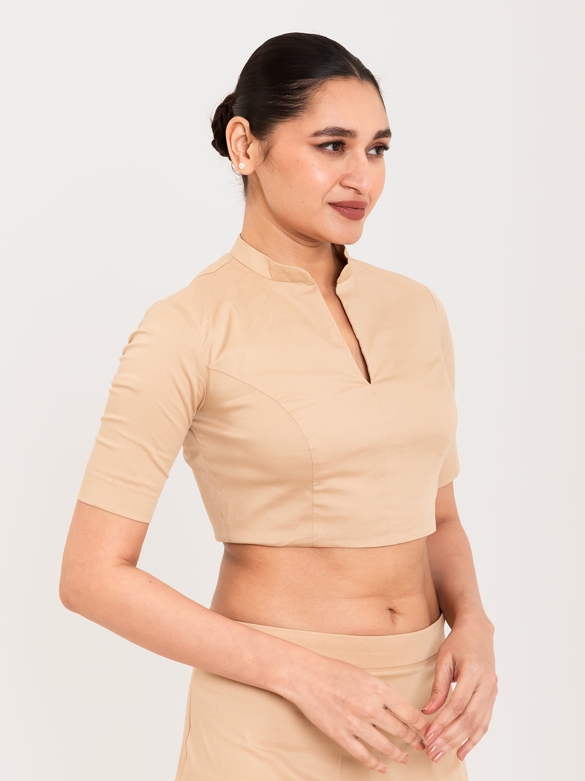 Beige cotton lycra collar neck half sleeves blouse