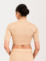 Beige cotton lycra collar neck sleeveless blouse