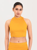 Yellow cotton lycra high halter neck sleeveless blouse