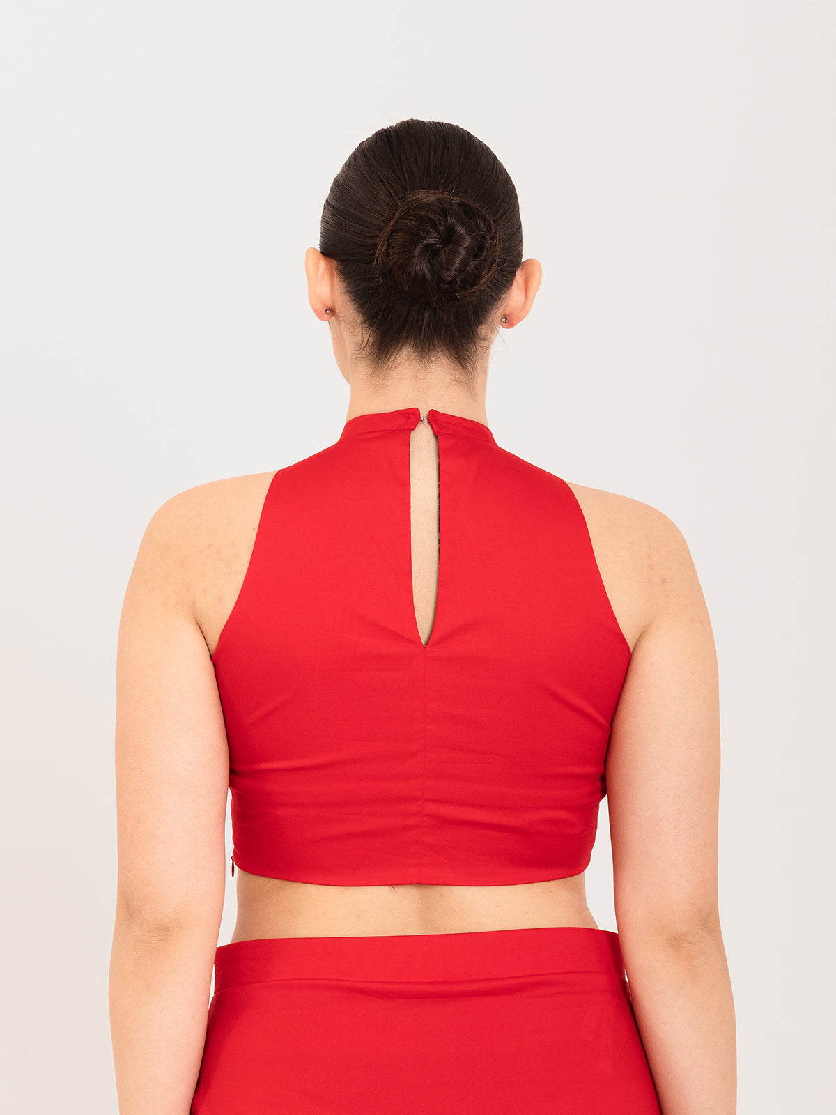 Red cotton lycra high halter neck sleeveless blouse