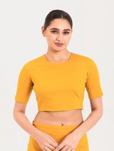 Yellow cotton lycra round neck blouse