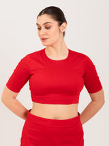 Red cotton lycra round neck blouse