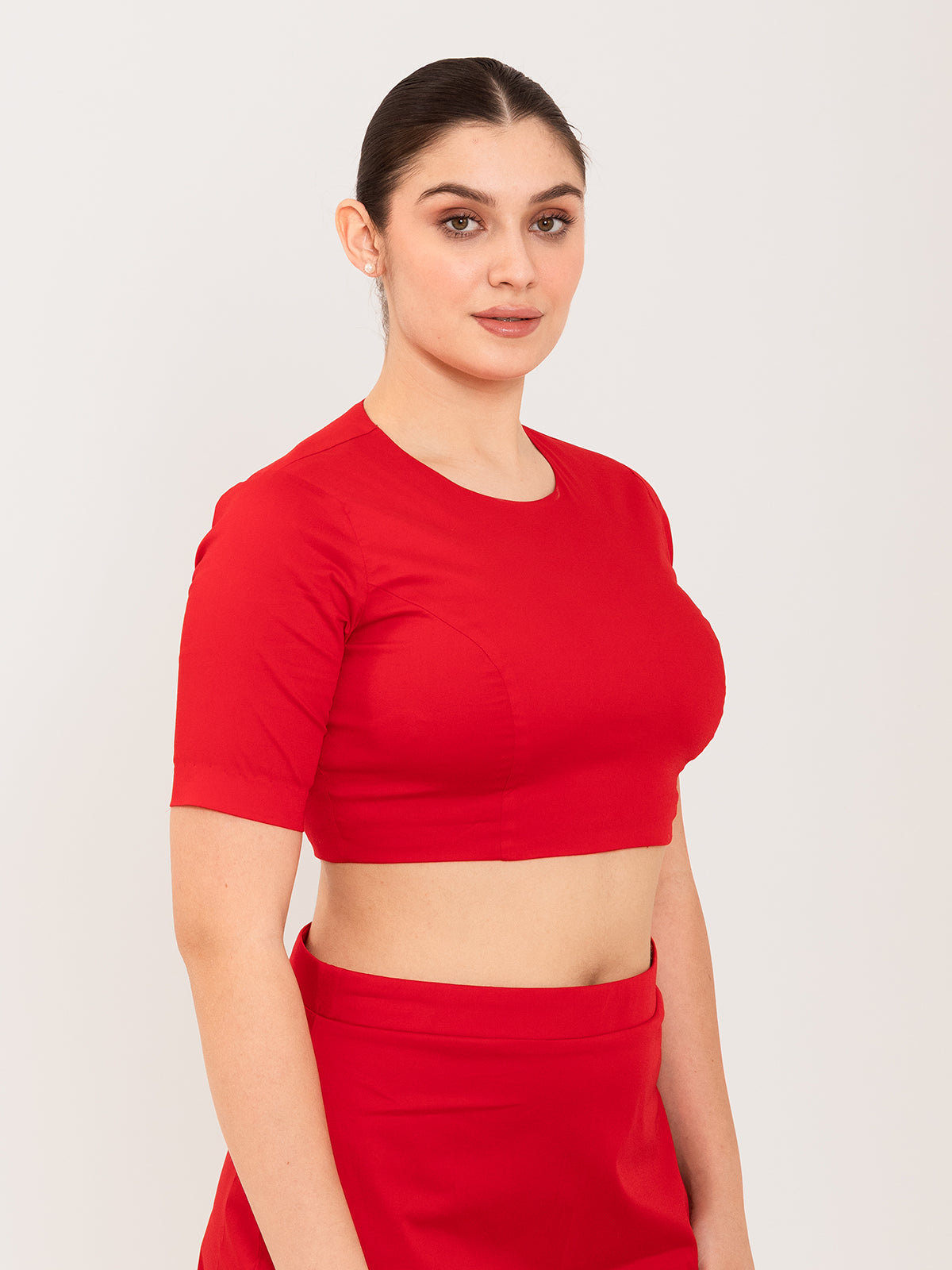Red cotton lycra round neck blouse