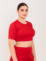 Red cotton lycra round neck blouse