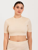 White cotton lycra round neck blouse