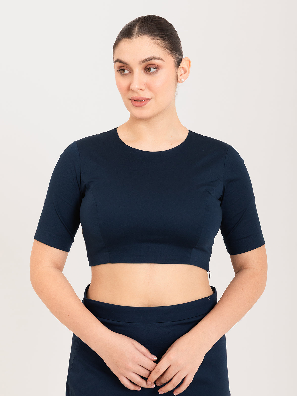 Blue cotton lycra round neck blouse