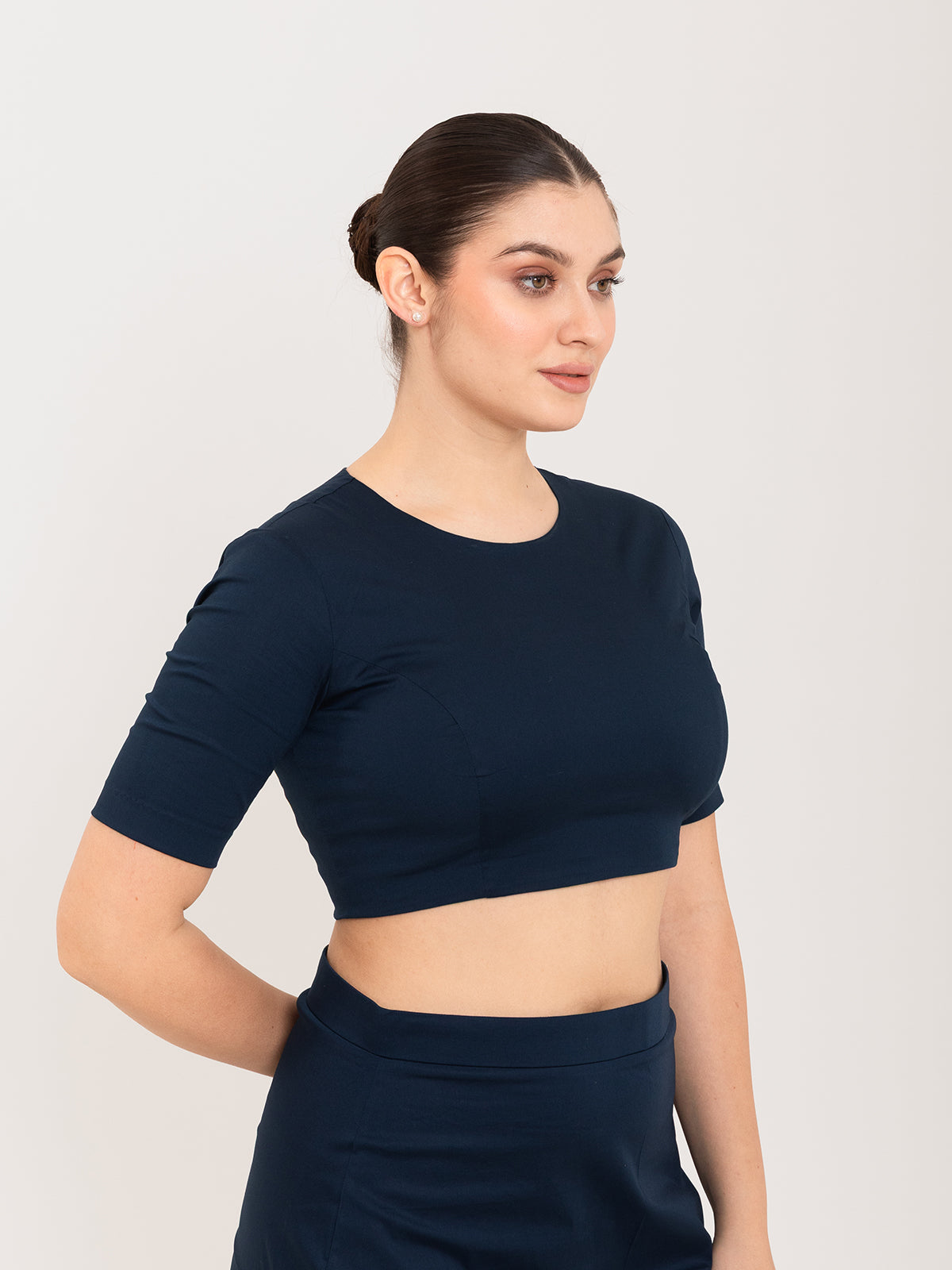 Blue cotton lycra round neck sleeveless blouse