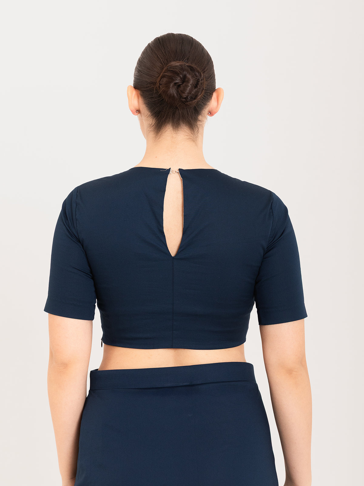 Blue cotton lycra round neck sleeveless blouse