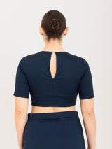 Blue cotton lycra round neck sleeveless blouse