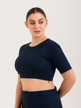 Blue cotton lycra round neck sleeveless blouse