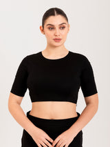 Black cotton lycra round neck half sleeves blouse