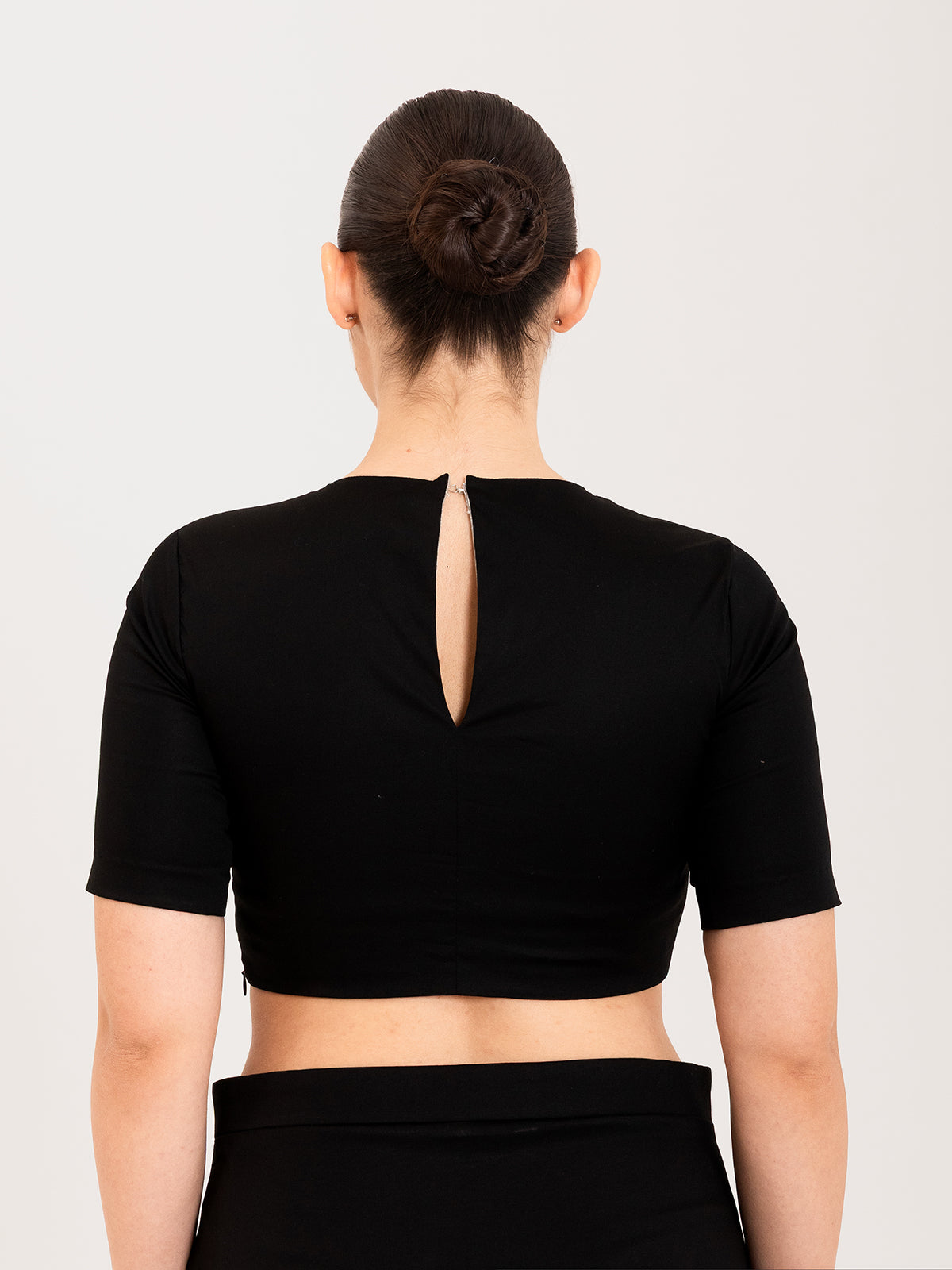 Black cotton lycra round neck half sleeves blouse