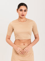Beige cotton lycra round neck half sleeves blouse
