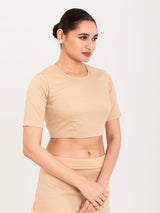 Beige cotton lycra round neck half sleeves blouse