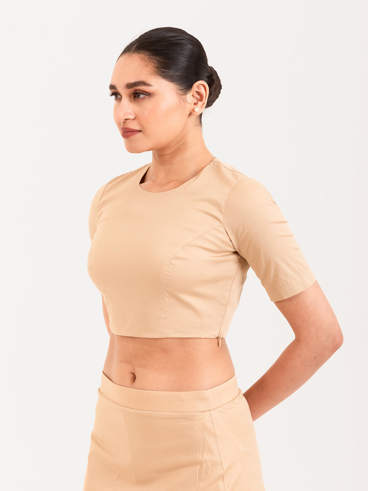 Beige cotton lycra round neck half sleeves blouse