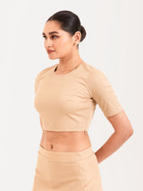 Beige cotton lycra round neck half sleeves blouse