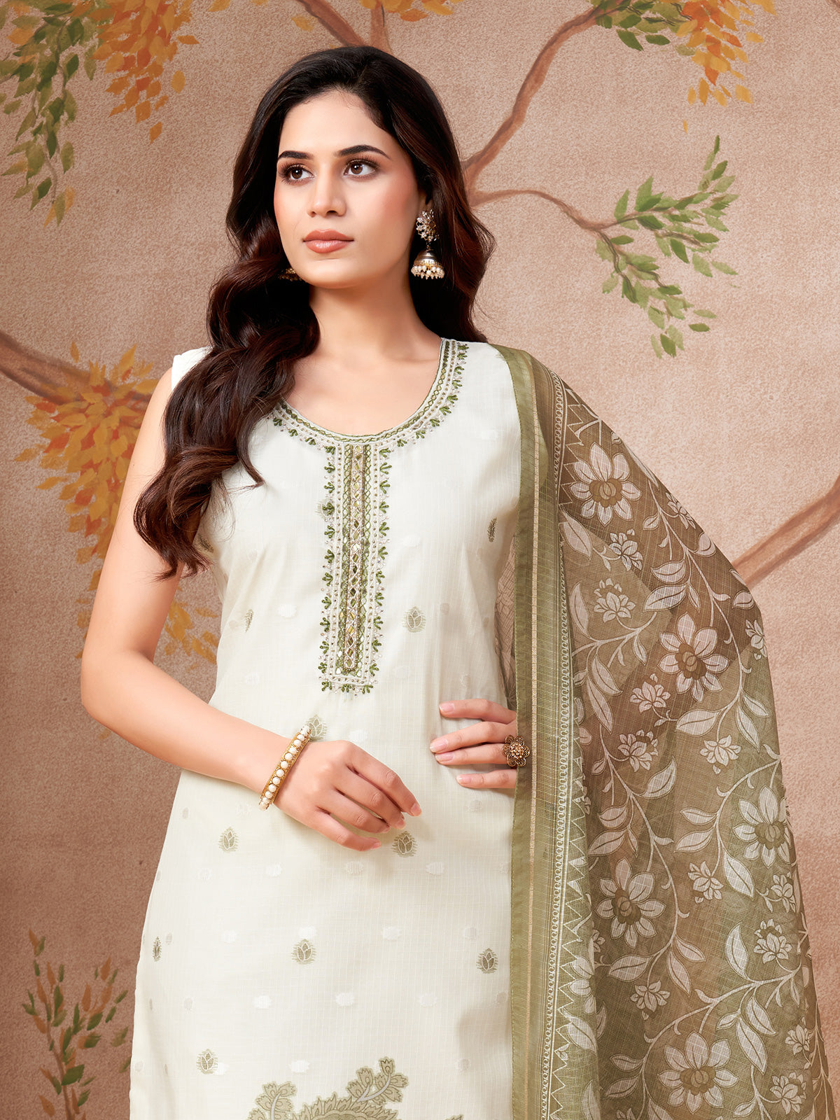 Off white and olive printed silk straight cut suit