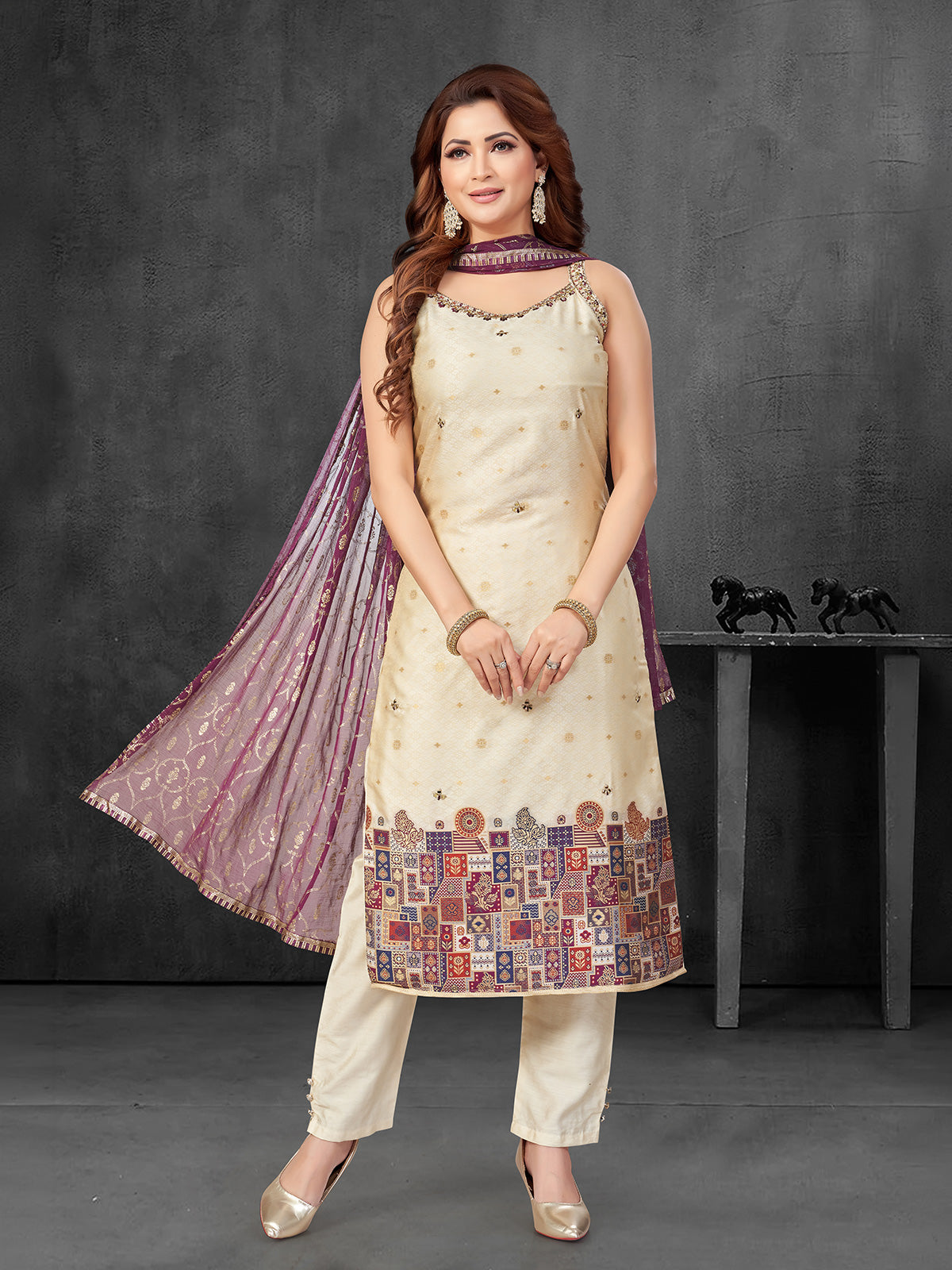 Cream and purple printed silk straight cut salwar suit