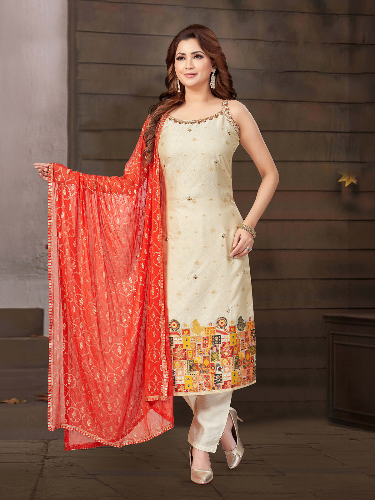 Cream and orange printed silk straight cut salwar suit
