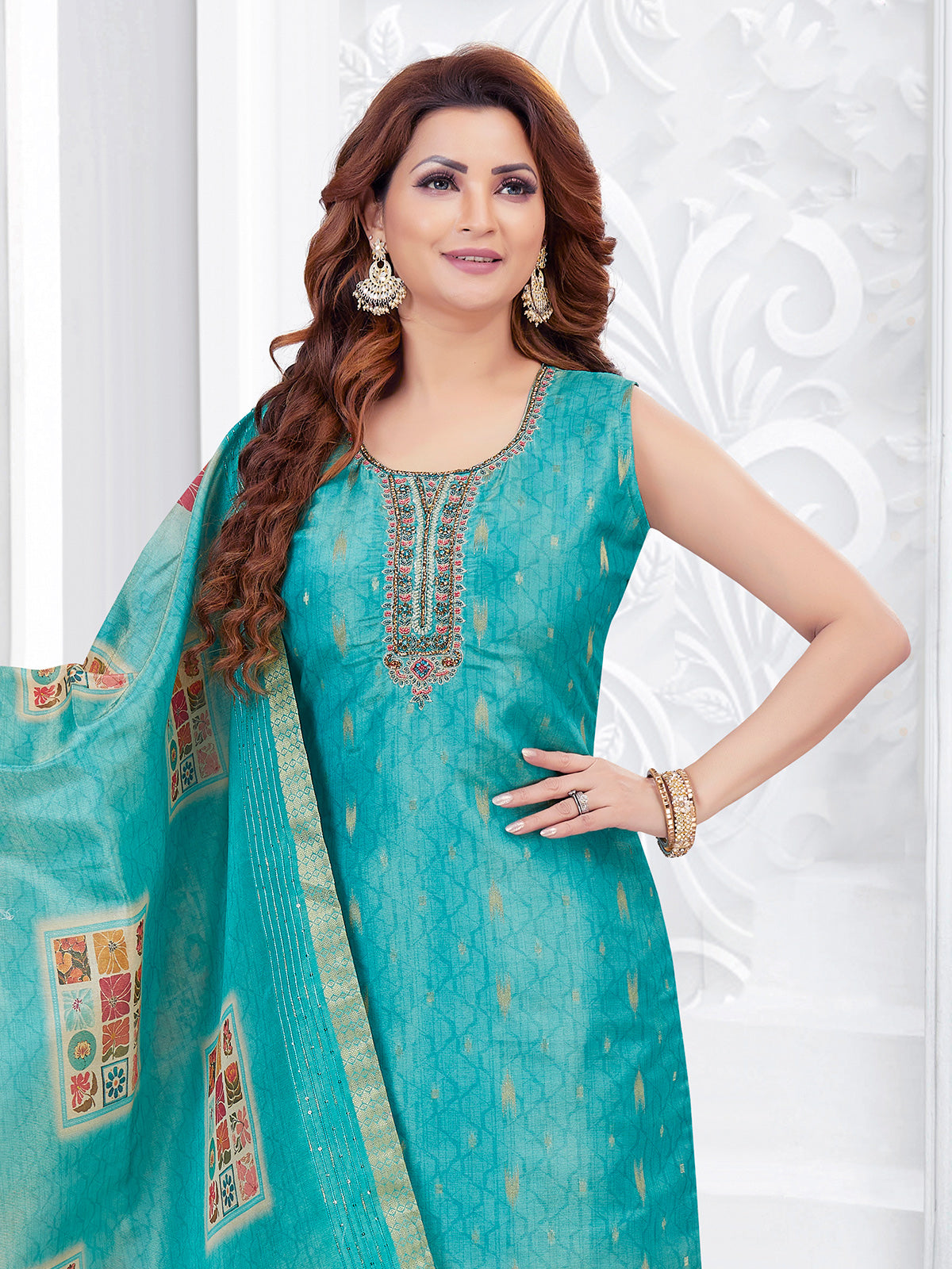 Aqua blue printed silk salwar suit with dupatta