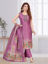 Purple printed silk straight cut salwar suit