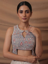 Grey cream chiffon designer lehenga choli ensemble