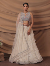 Grey cream chiffon designer lehenga choli ensemble