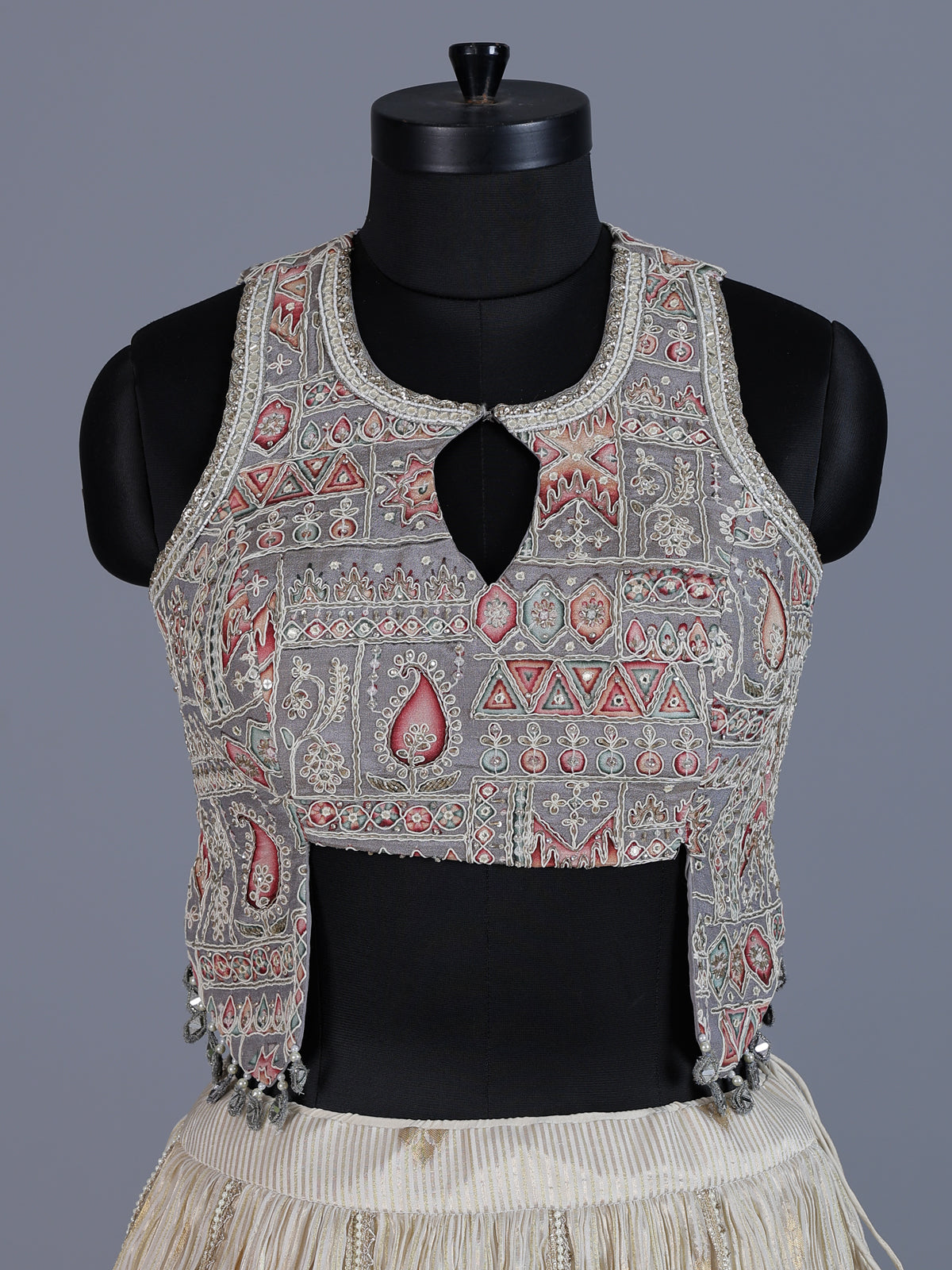 Grey cream chiffon designer lehenga choli ensemble