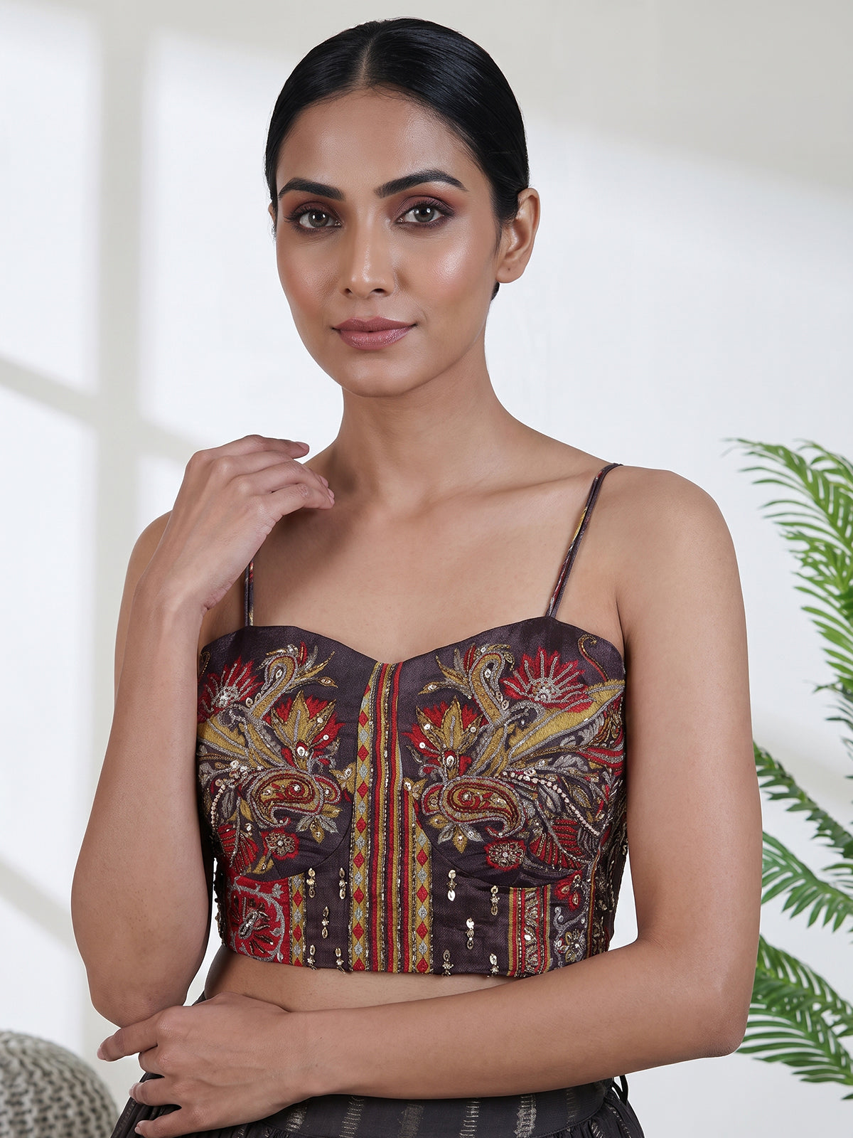 Brown silk long jacket style lehenga choli