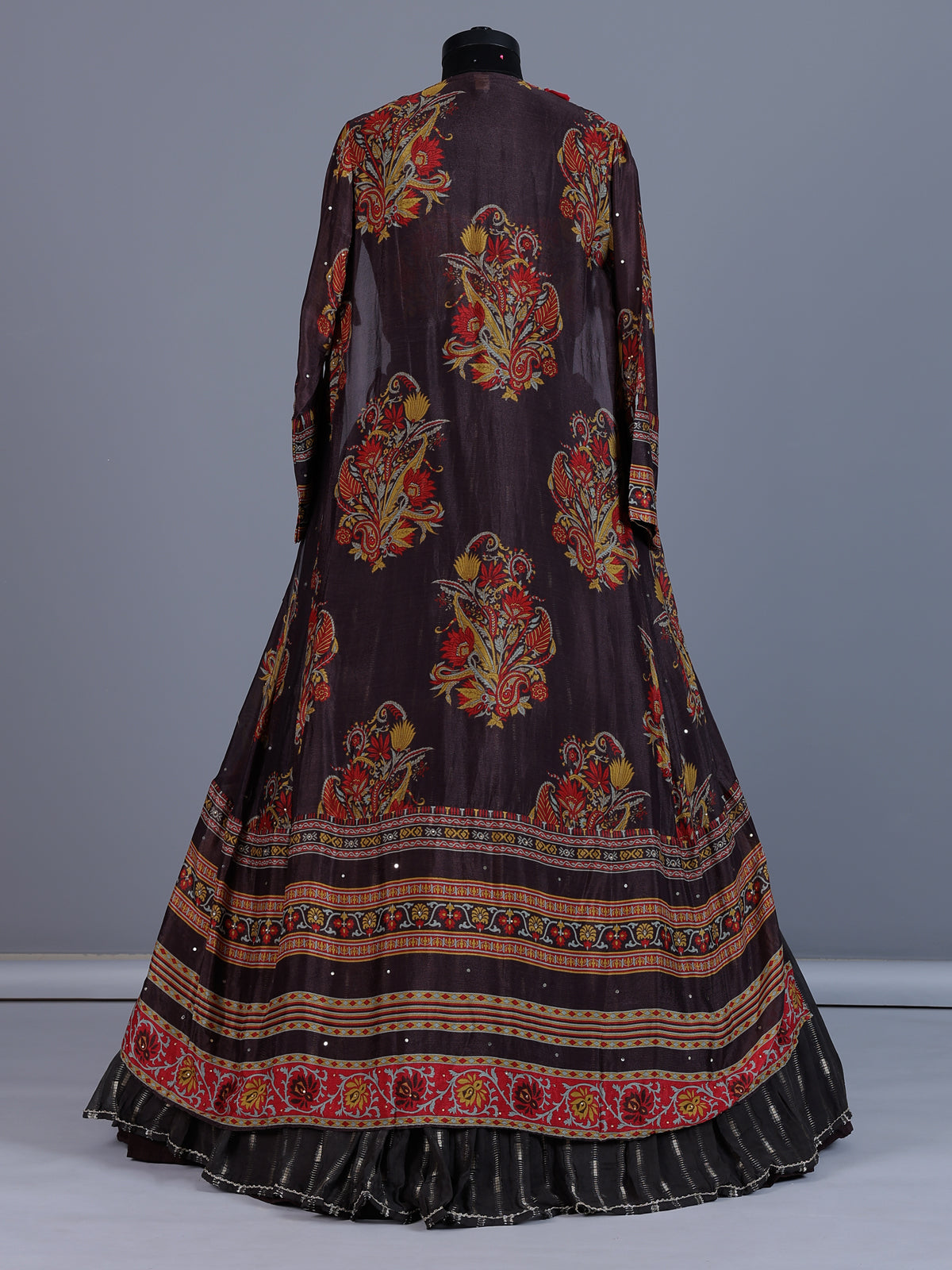 Brown silk long jacket style lehenga choli