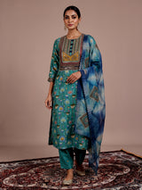 Green printed muslin silk pant suit