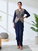 Navy blue premium satin silk indo western suit