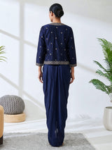 Navy blue premium satin silk indo western suit