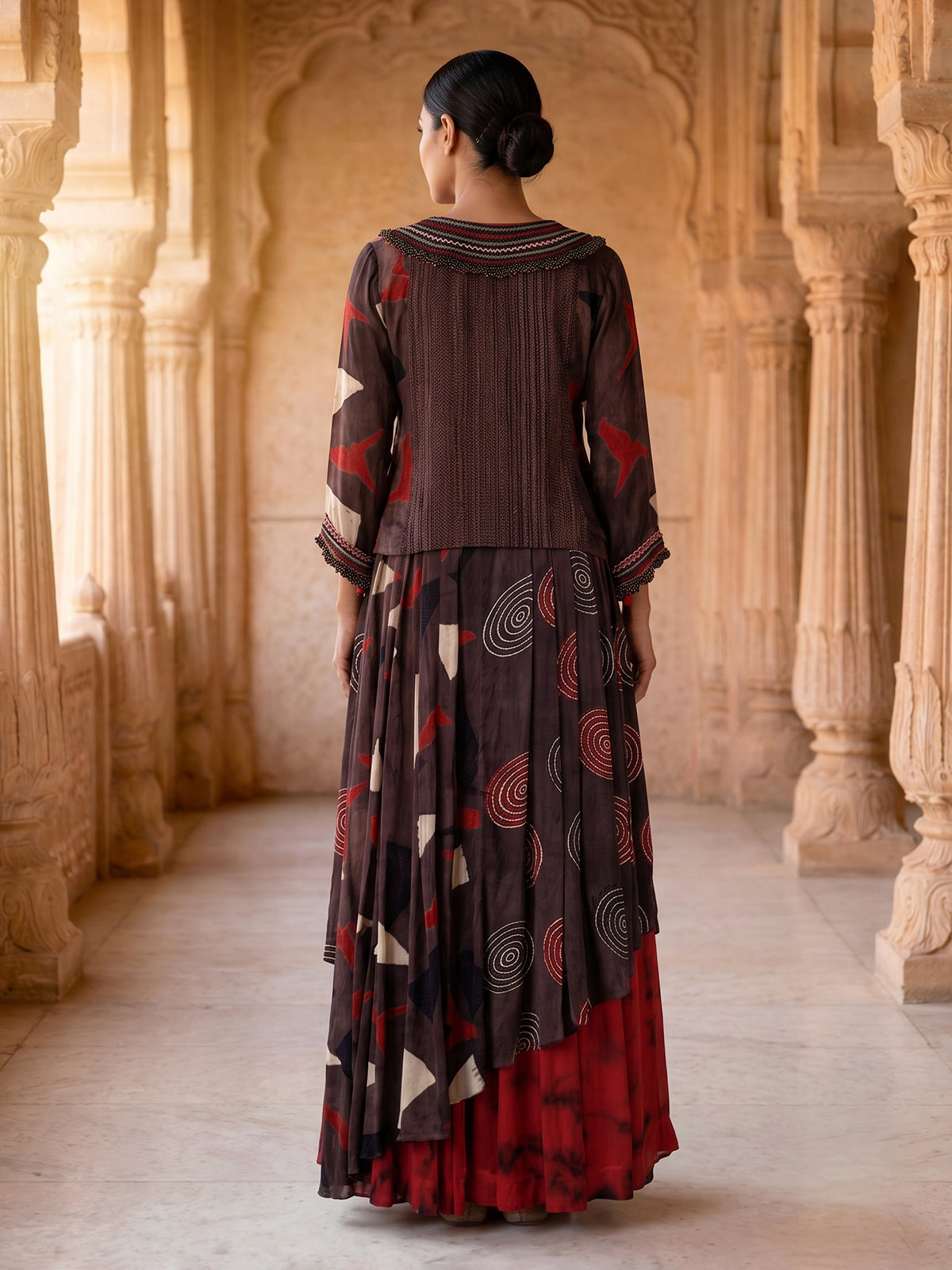 Brown printed designer maxi skirt suit