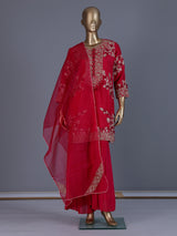 Red embroidered silk sharara suit with dupatta