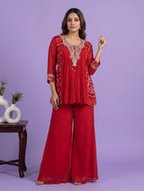 Red printed georgette silk palazzo suit