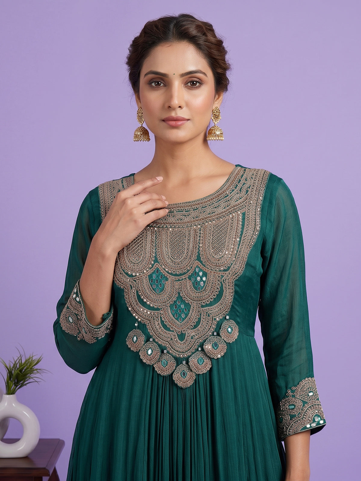 Green embroidered modal satin floor length