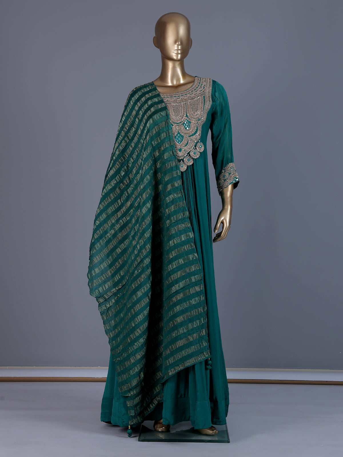 Green embroidered modal satin floor length