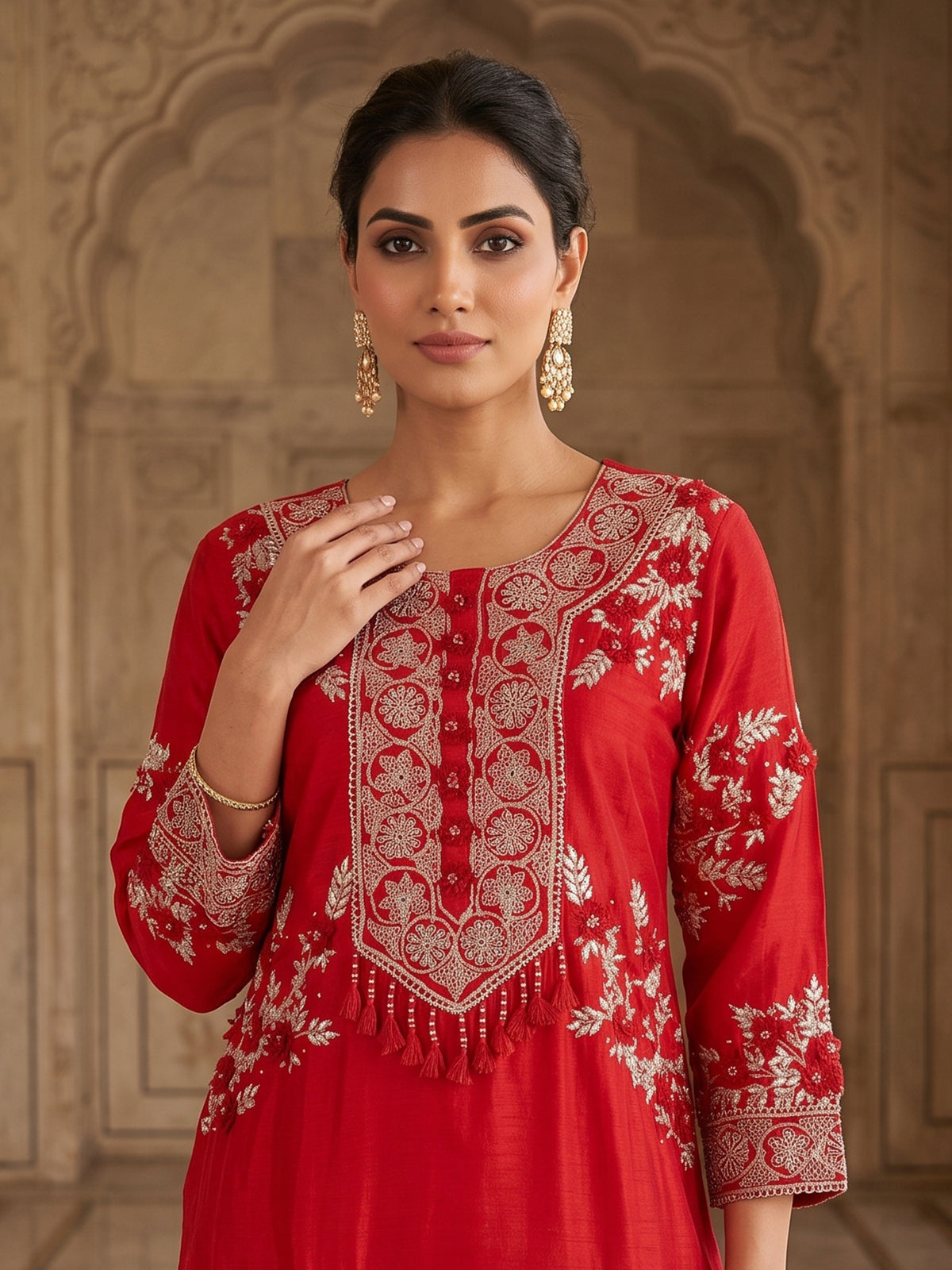 Red premium cotton silk sharara suit