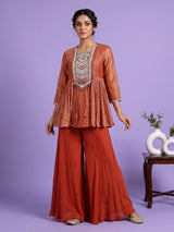 Rust orange designer silk sharara suit