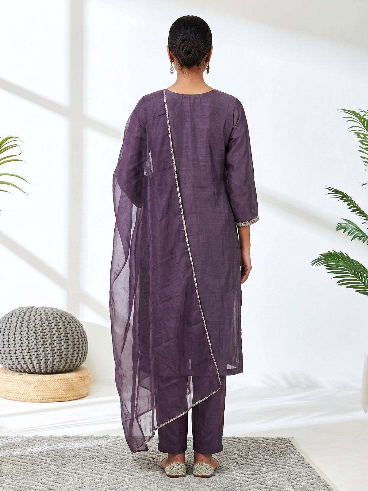 Dusty purple embroidered chanderi silk pant suit