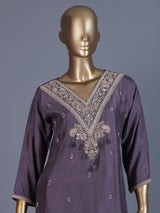 Dusty purple embroidered chanderi silk pant suit