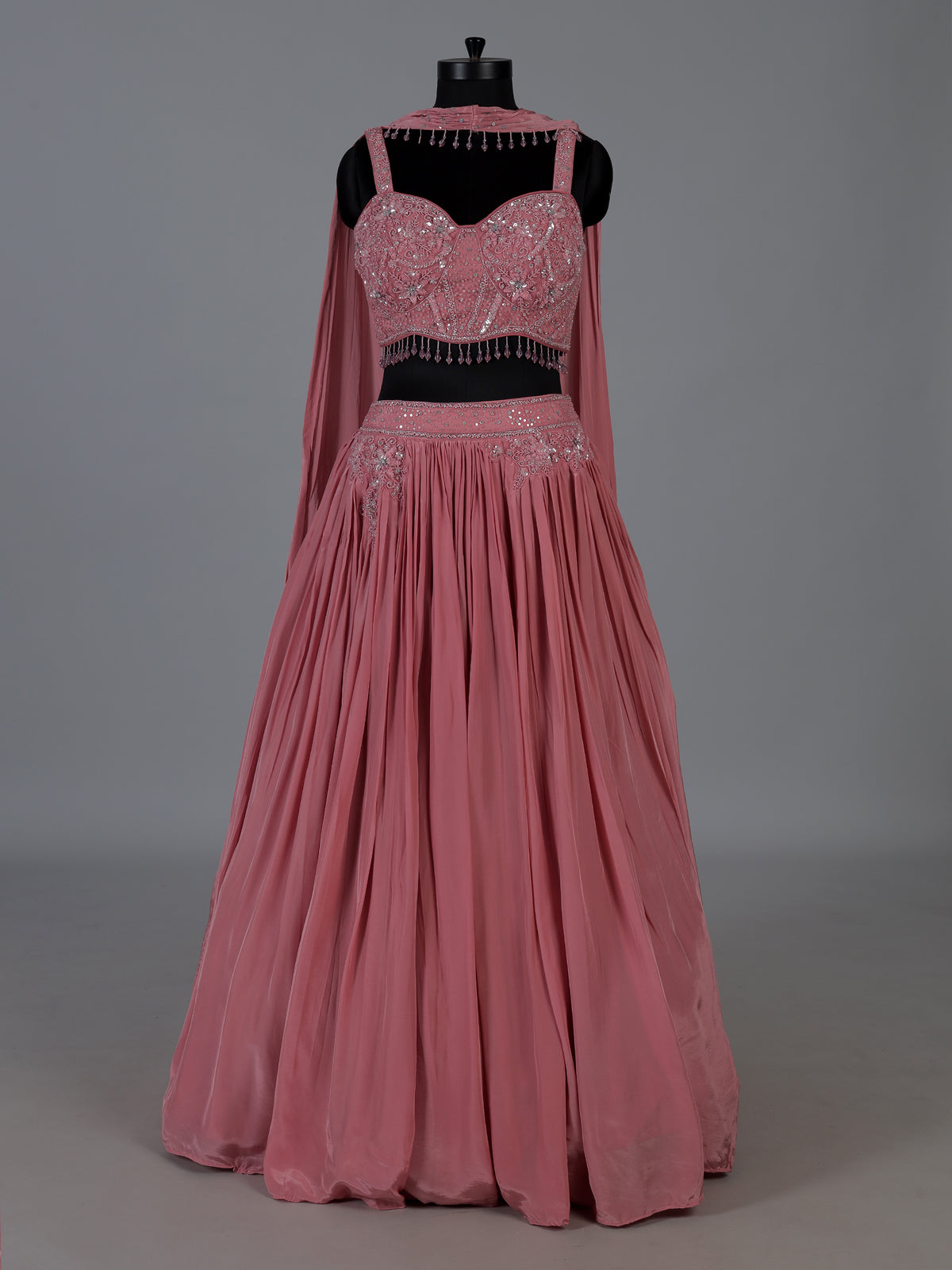 Powder pink silk designer lehenga choli with choker dupatta